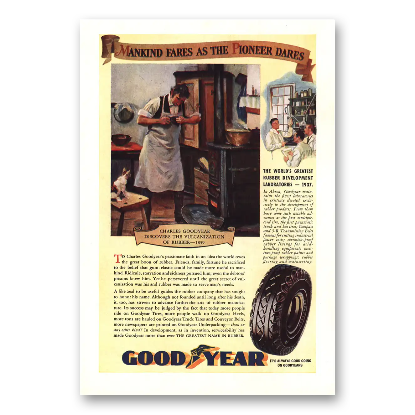 1937 Goodyear Tires Mankind Fares As Pioneer Dares Vintage Magazine Print Ad