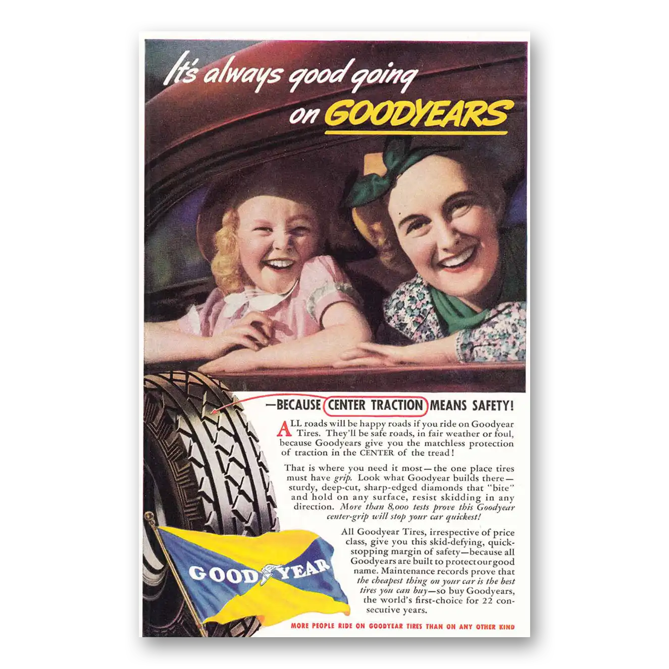 1937 Goodyear Tires Center Traction Vintage Magazine Print Ad