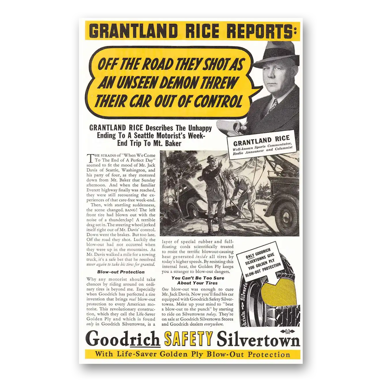 1937 Goodrich Silvertown Tires Grantland Rice Vintage Magazine Print Ad