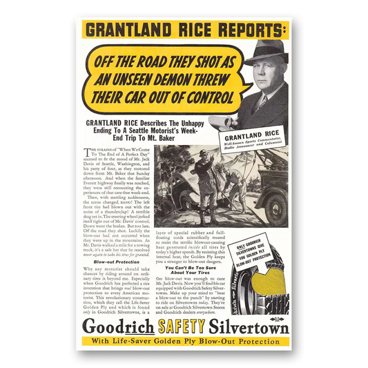 1937 Goodrich Silvertown Tires Grantland Rice Vintage Magazine Print Ad