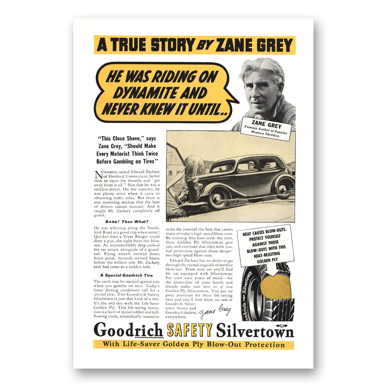 1937 Goodrich Silvertown Tires Zane Grey Riding On Dynamite Vintage Magazine Print Ad