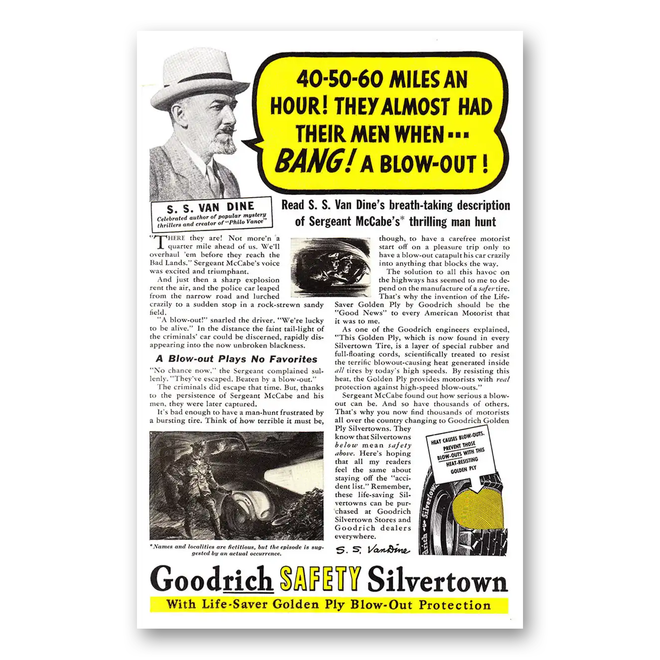 1937 Goodrich Silvertown Tires Van Dine 40 50 60 Miles an Hour Vintage Magazine Print Ad