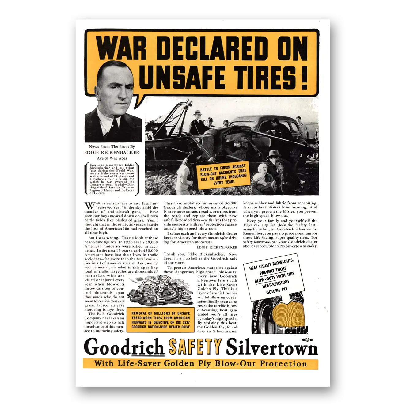 1937 Goodrich Silvertown Tires War Declared on Unsafe Tires Vintage Magazine Print Ad