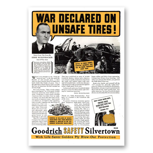 1937 Goodrich Silvertown Tires War Declared on Unsafe Tires Vintage Magazine Print Ad