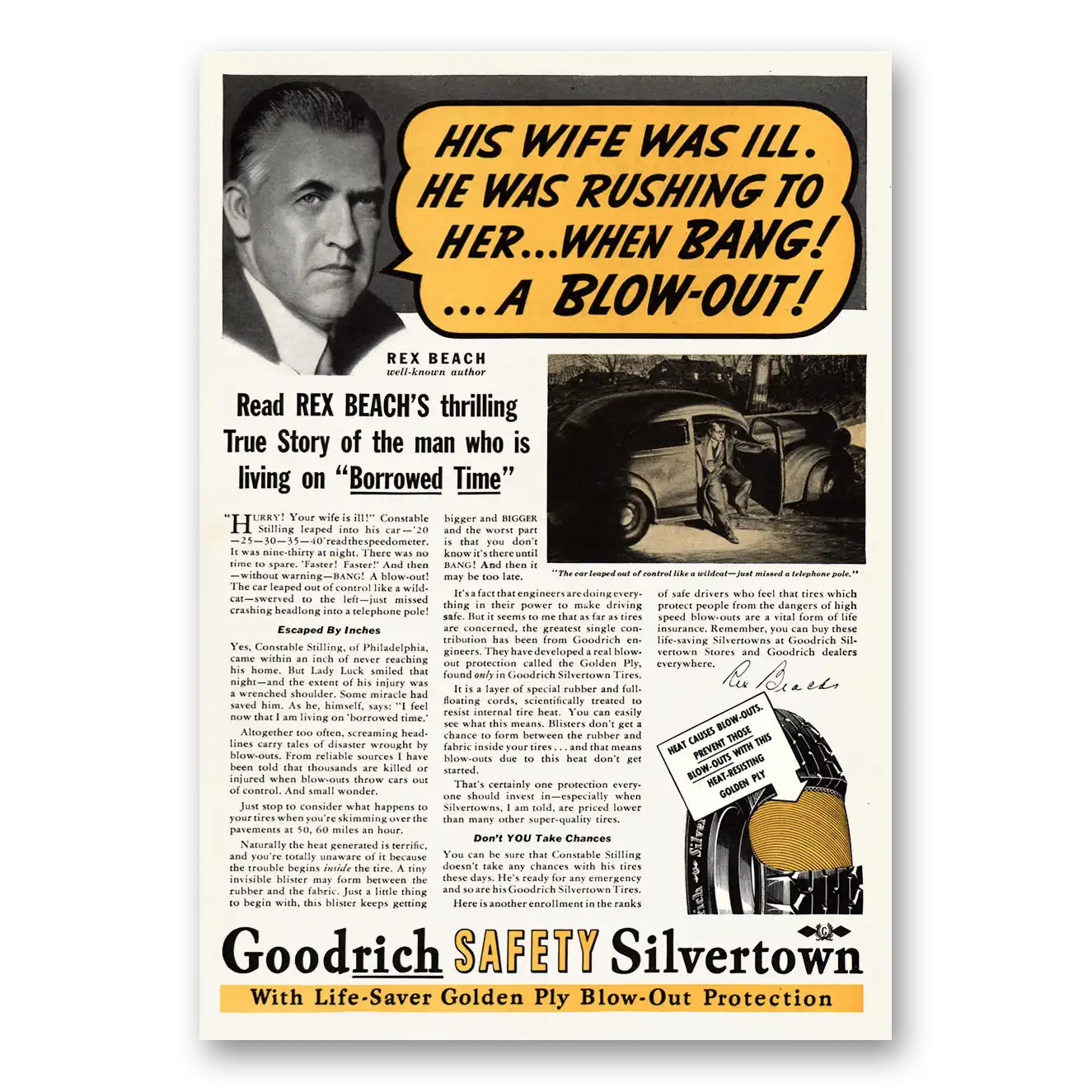 1937 Goodrich Silvertown Tires His Wife Was Ill Rex Beach Vintage Magazine Print Ad