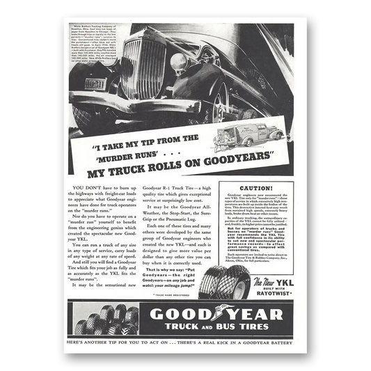 1937 Goodyear Tires I Take My Tip From the Murder Runs Vintage Magazine Print Ad