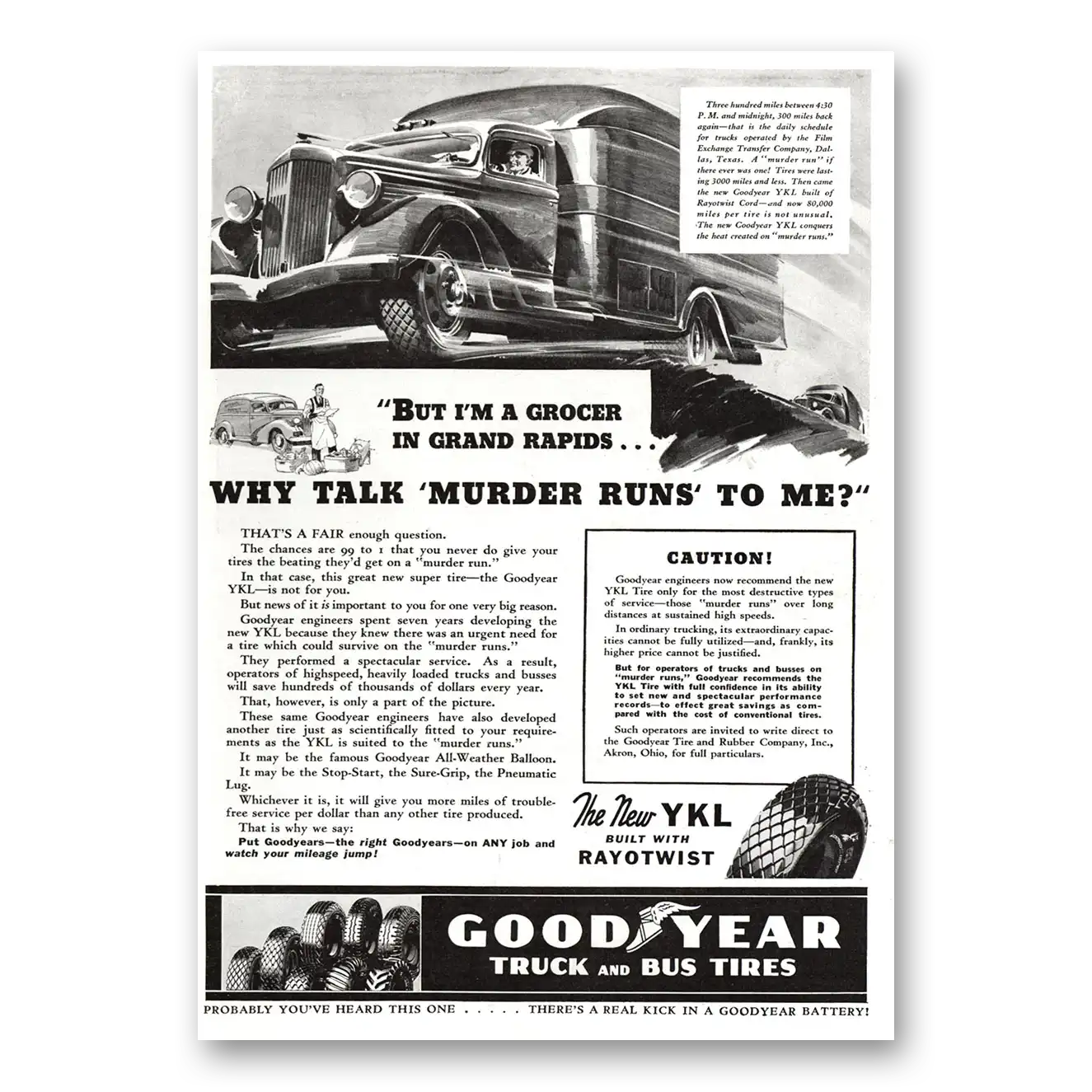 1937 Goodyear Tires Grocer Grand Rapids Murder Runs Vintage Magazine Print Ad