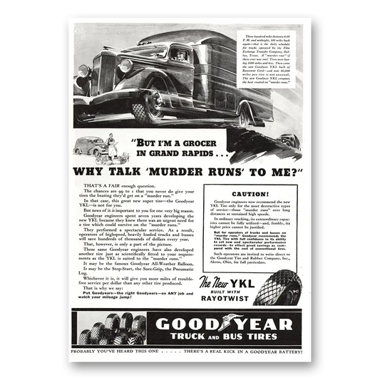 1937 Goodyear Tires Grocer Grand Rapids Murder Runs Vintage Magazine Print Ad