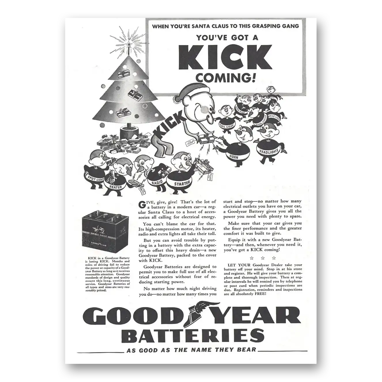 1937 Goodyear Batteries You've Got a Kick Coming Santa Claus Vintage Magazine Print Ad