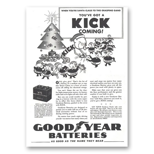 1937 Goodyear Batteries You've Got a Kick Coming Santa Claus Vintage Magazine Print Ad