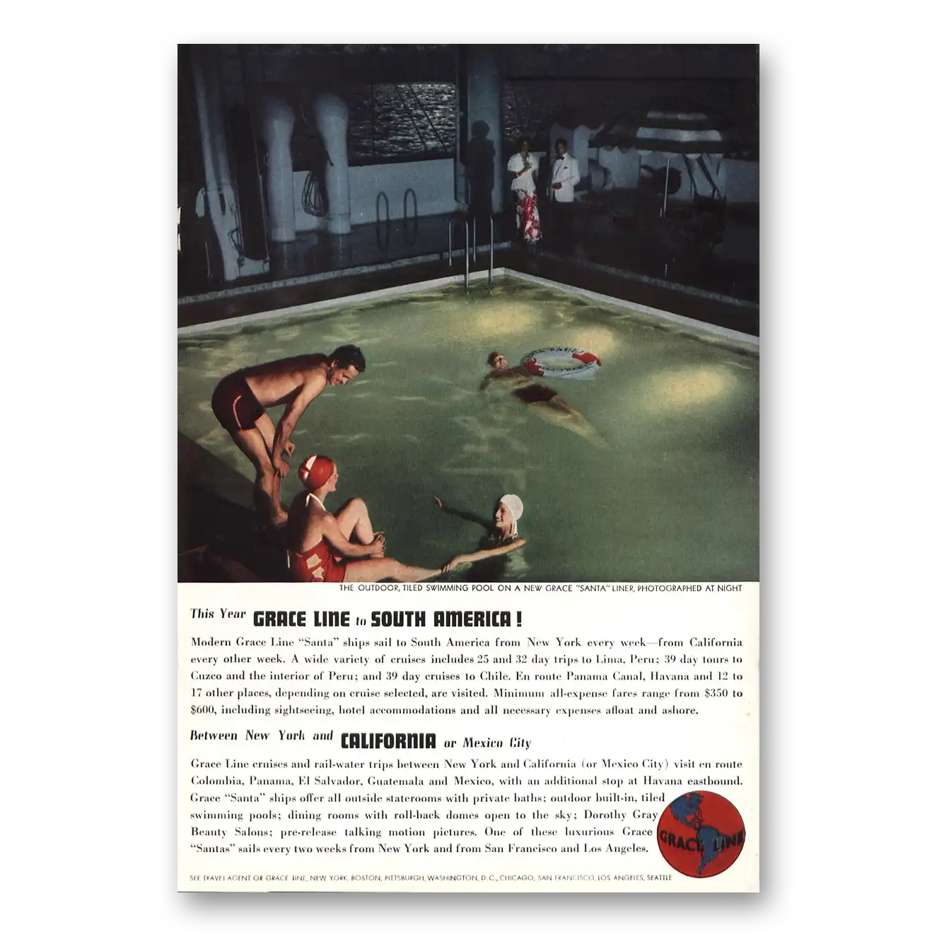 1937 Grace Line Outdoor Tiled Swimming Pool Santa Liner Vintage Magazine Print Ad