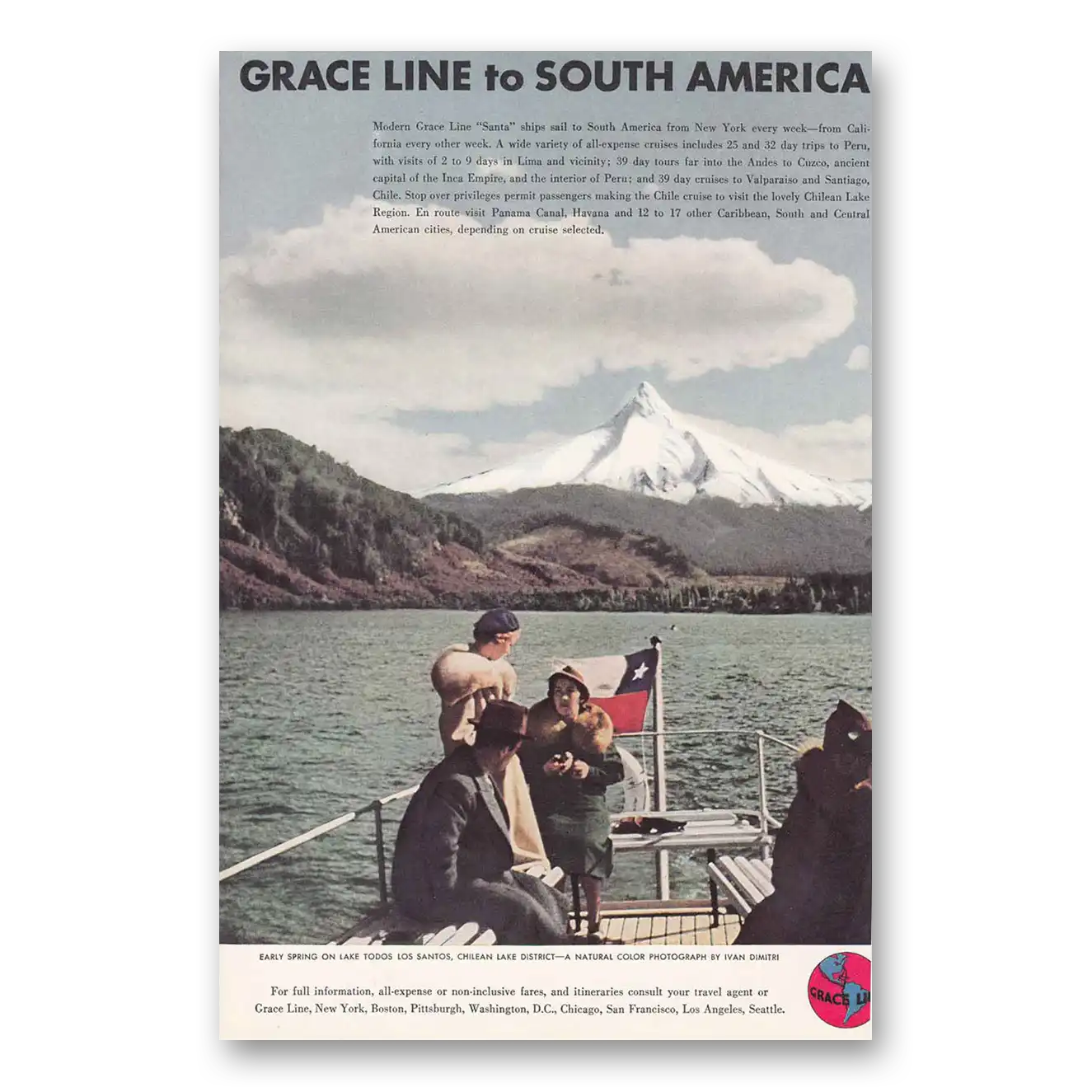 1937 Grace Line Lake Todos Los Santos Chilean Lake District Vintage Magazine Print Ad