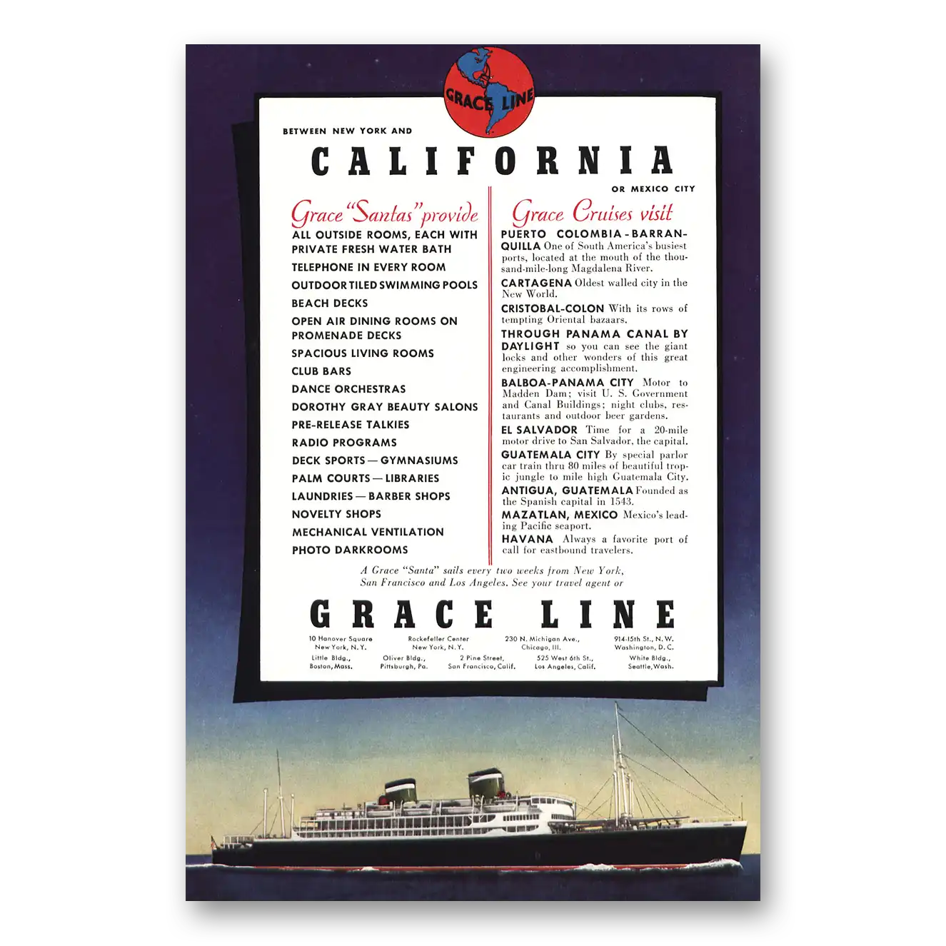 1937 Grace Line California Grace Santas Provide Vintage Magazine Print Ad