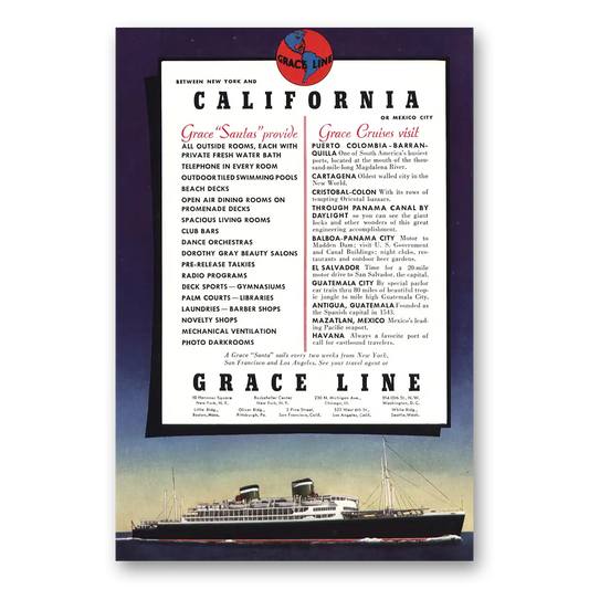 1937 Grace Line California Grace Santas Provide Vintage Magazine Print Ad