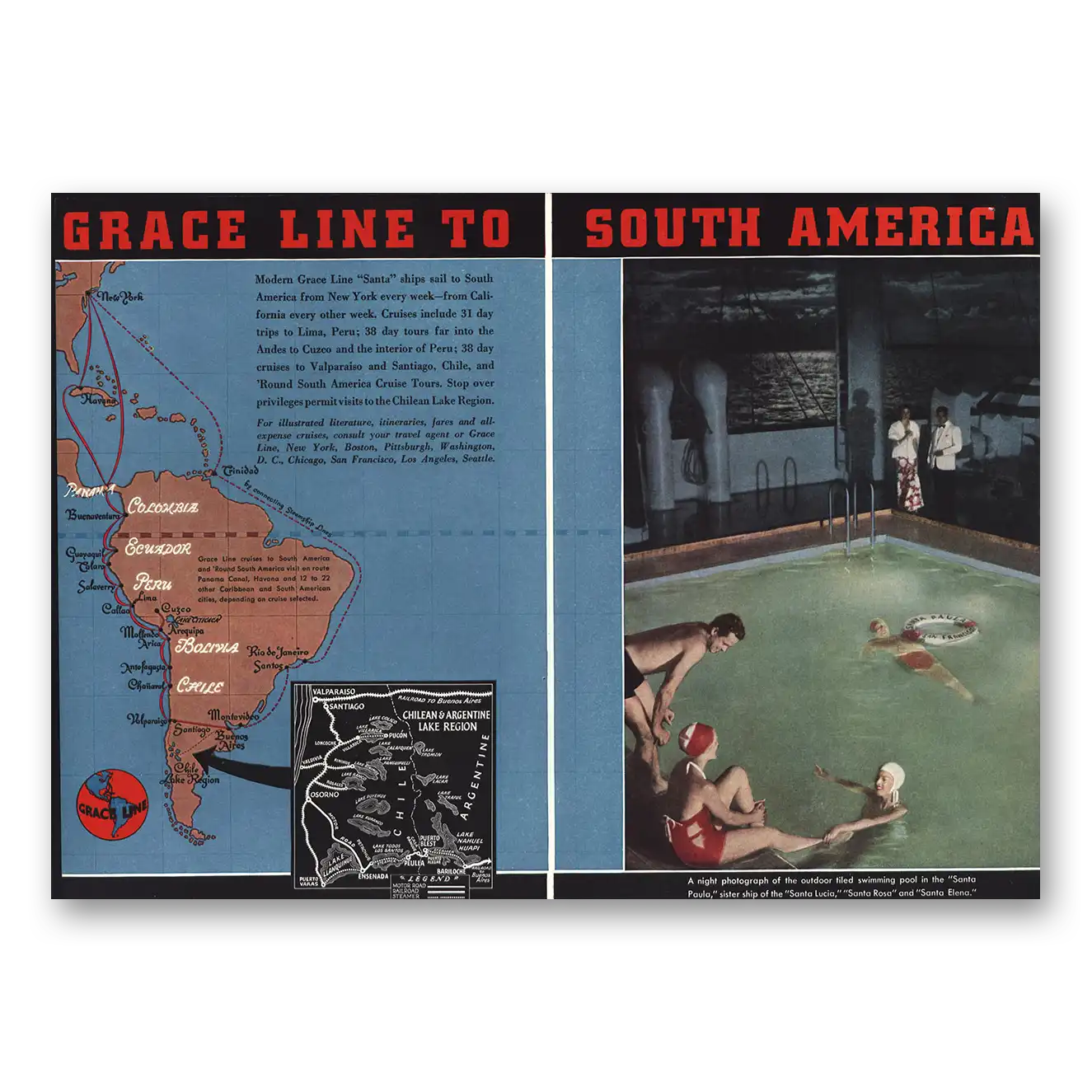 1937 Grace Line Outdoor Tiled Swimming Pool Vintage Magazine Print Ad