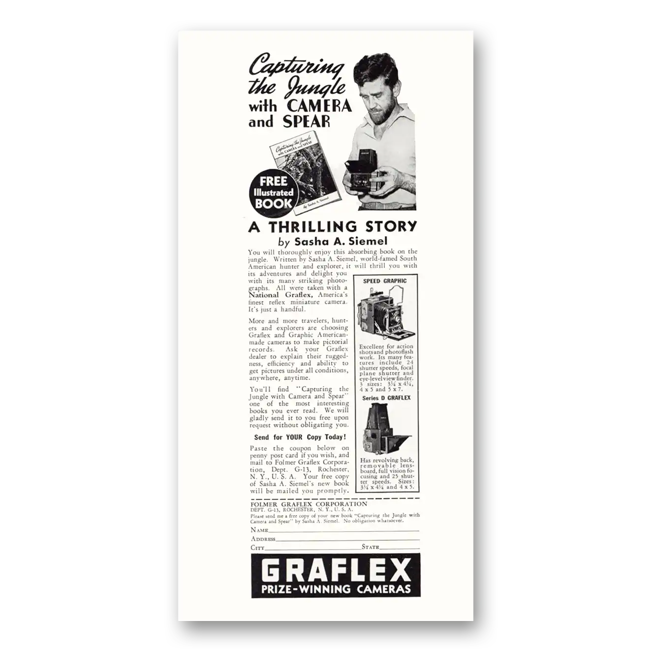 1937 Graflex Cameras Camera Capturing the Jungle Vintage Magazine Print Ad