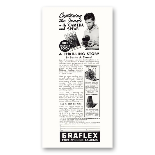 1937 Graflex Cameras Camera Capturing the Jungle Vintage Magazine Print Ad