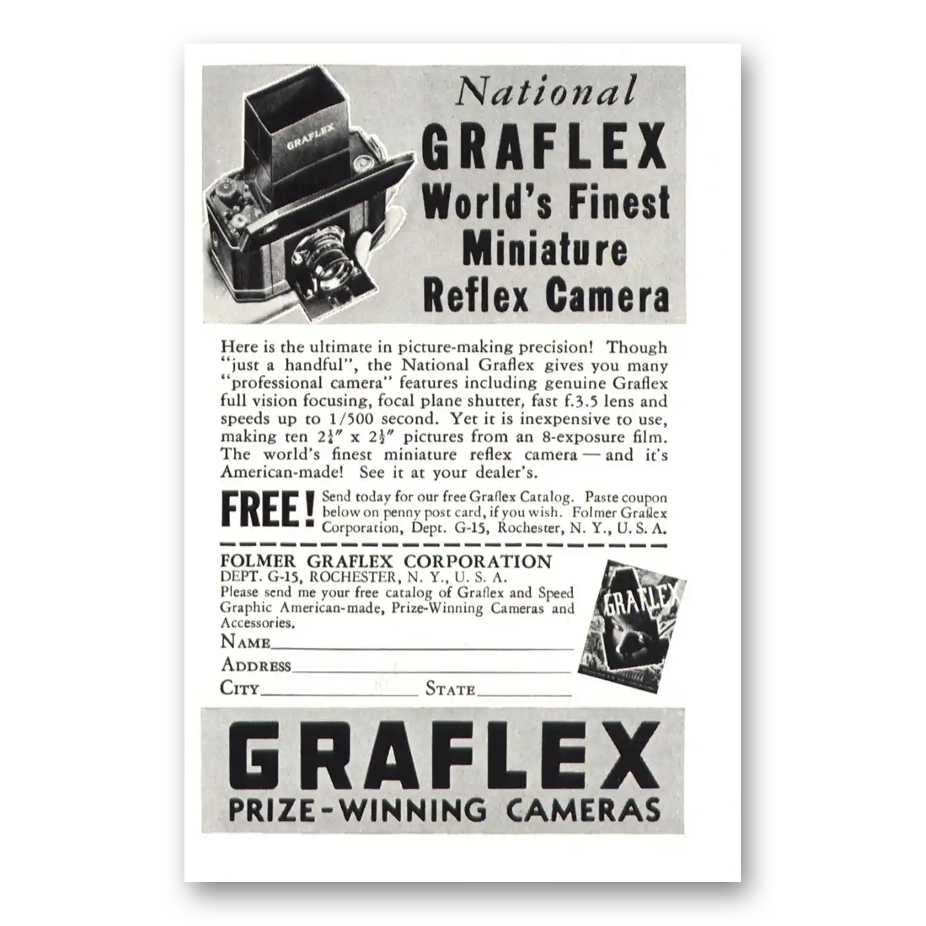 1937 Graflex Cameras Miniature Reflex Camera Vintage Magazine Print Ad