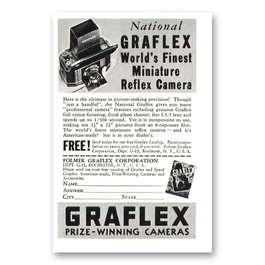 1937 Graflex Cameras Miniature Reflex Camera Vintage Magazine Print Ad