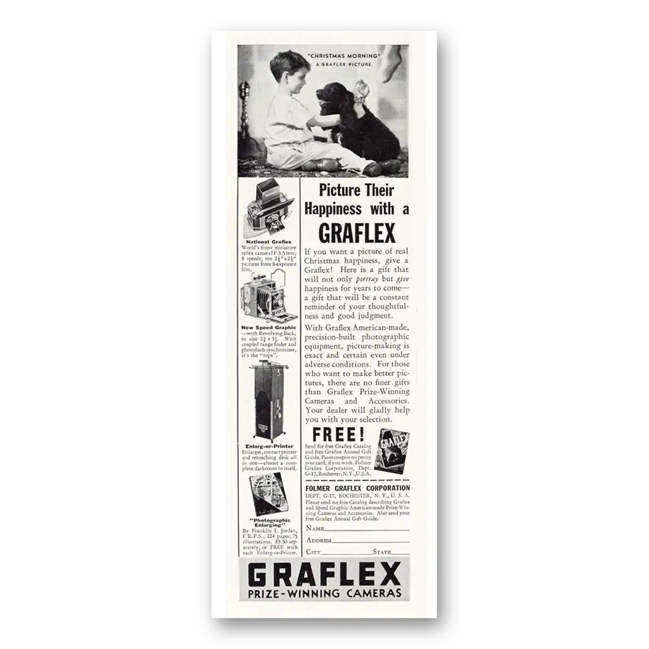 1937 Graflex Cameras Christmas Morning Puppy Vintage Magazine Print Ad