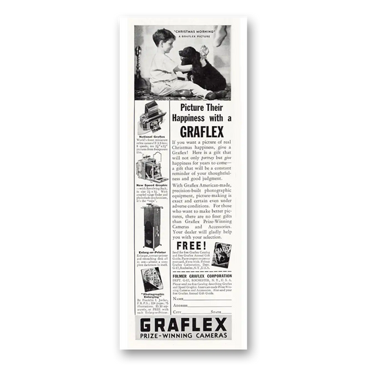 1937 Graflex Cameras Christmas Morning Puppy Vintage Magazine Print Ad