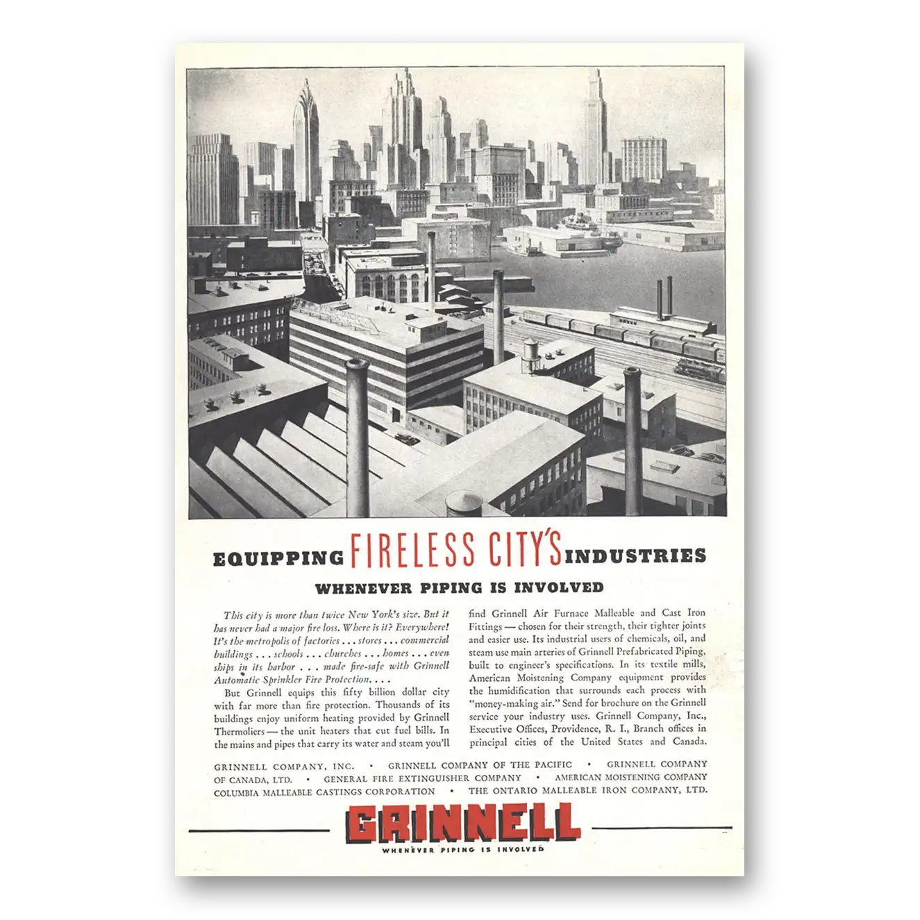 1937 Grinnell Company Equipping Fireless City's Industries Vintage Magazine Print Ad