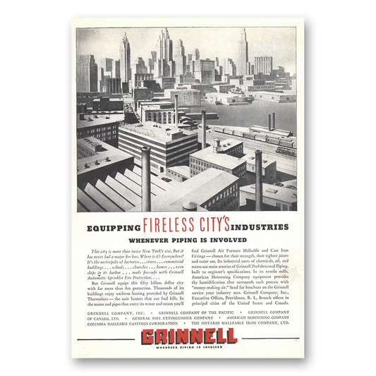 1937 Grinnell Company Equipping Fireless City's Industries Vintage Magazine Print Ad