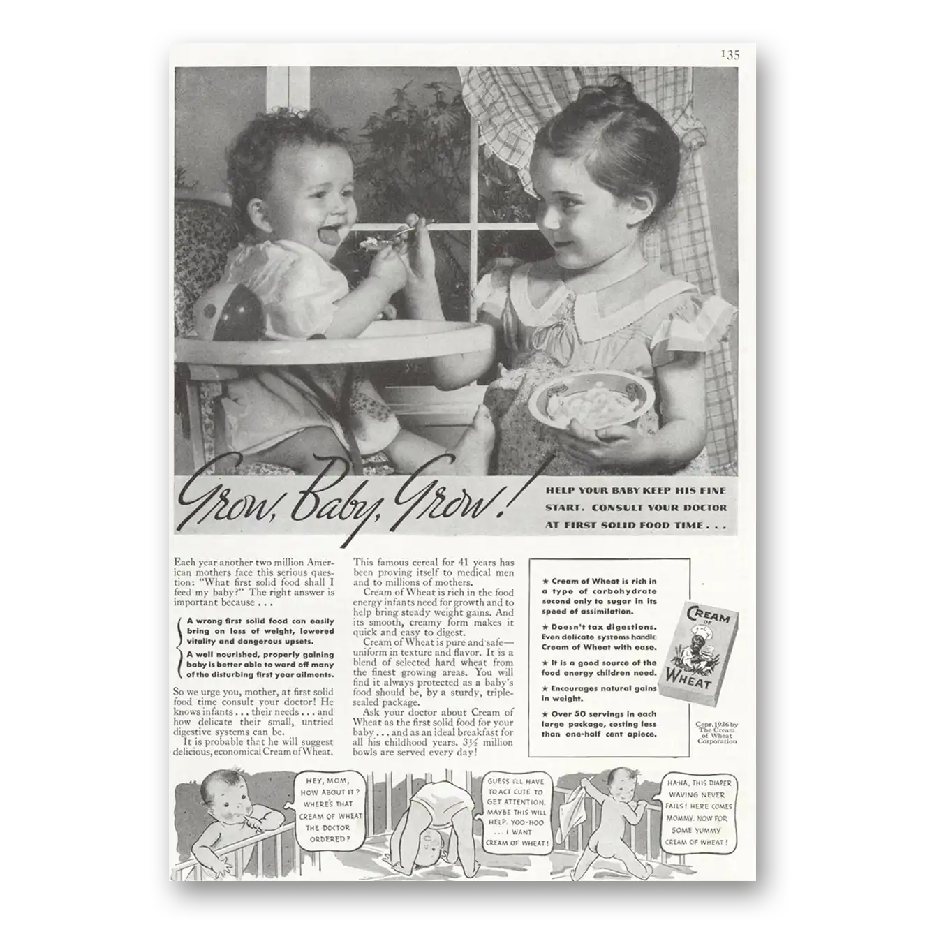 1937 Cream of Wheat Grow Baby Grow Vintage Magazine Print Ad