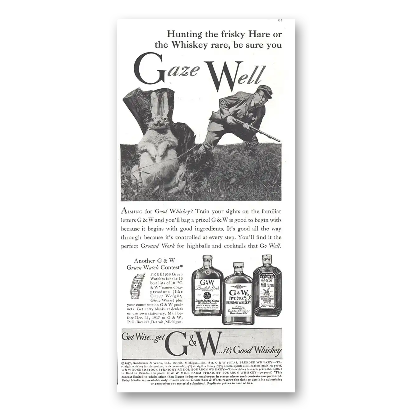 1937 G&W Whiskey Gaze Well Gruen Watch Content Vintage Magazine Print Ad