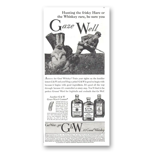 1937 G&W Whiskey Gaze Well Gruen Watch Content Vintage Magazine Print Ad