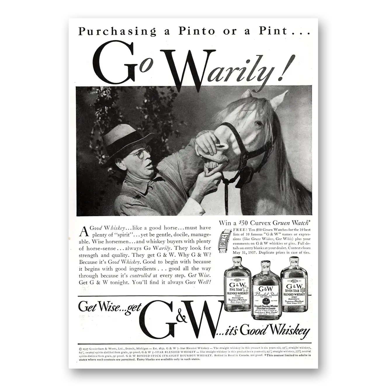 1937 G&W Whiskey Purchasing a Pinto Or a Pint Go Warily Vintage Magazine Print Ad