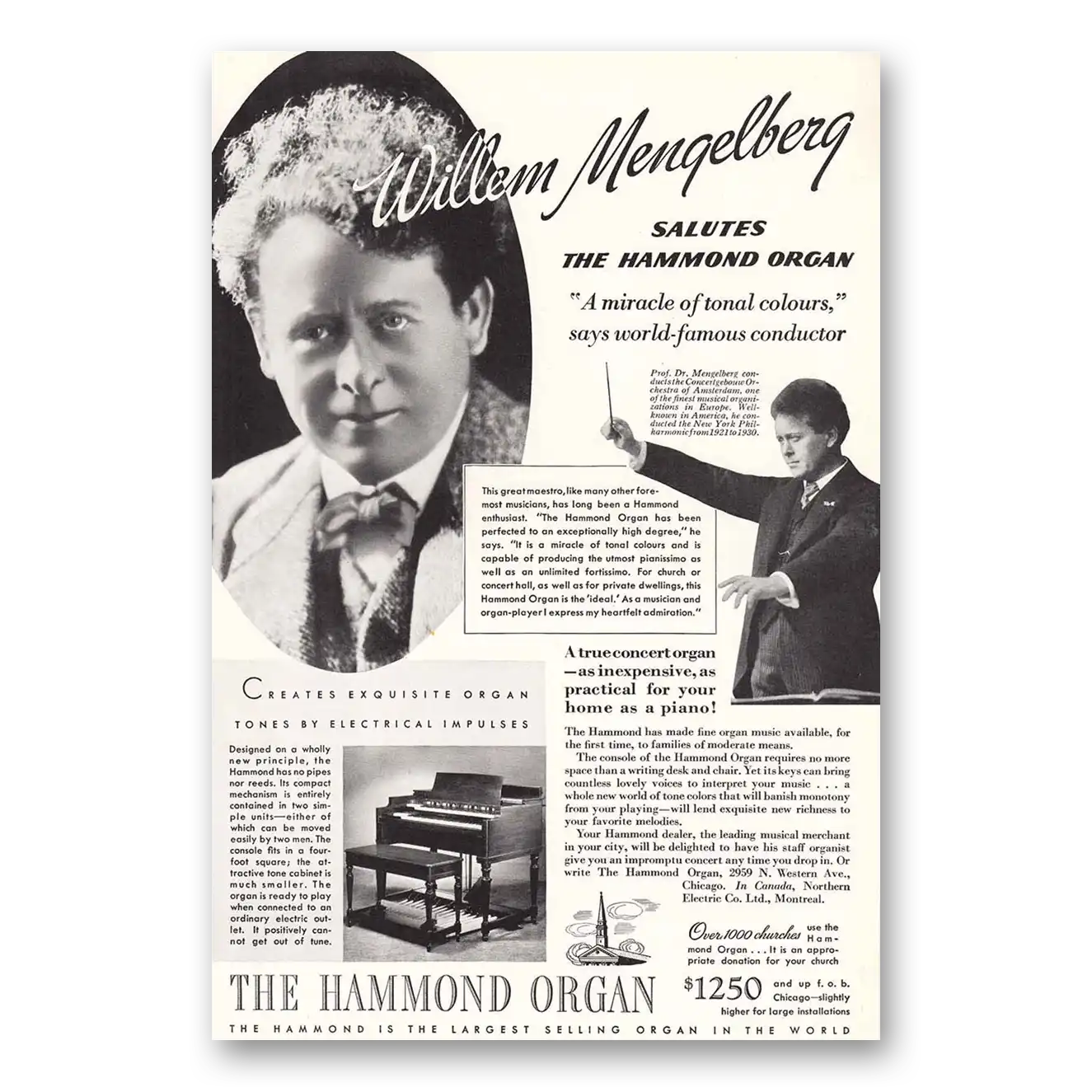 1937 Hammond Organ William Mengelberg Vintage Magazine Print Ad