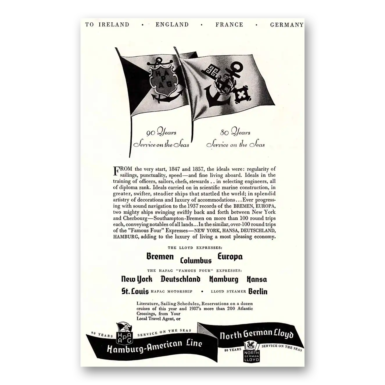 1937 Hamburg American Line From the Very Start Vintage Magazine Print Ad