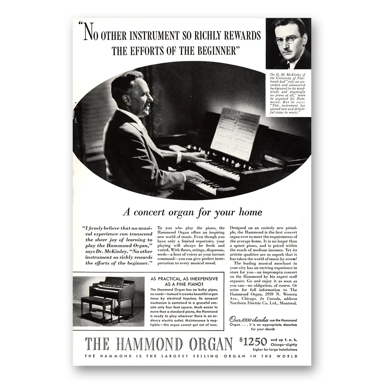 1937 Hammond Organ McKinley University of Pittsburgh Vintage Magazine Print Ad