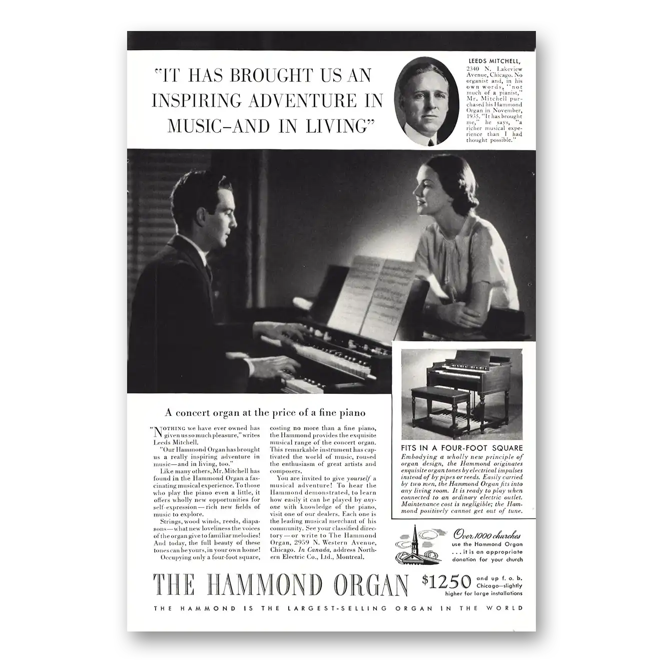 1937 Hammond Organ Leeds Mitchell Vintage Magazine Print Ad