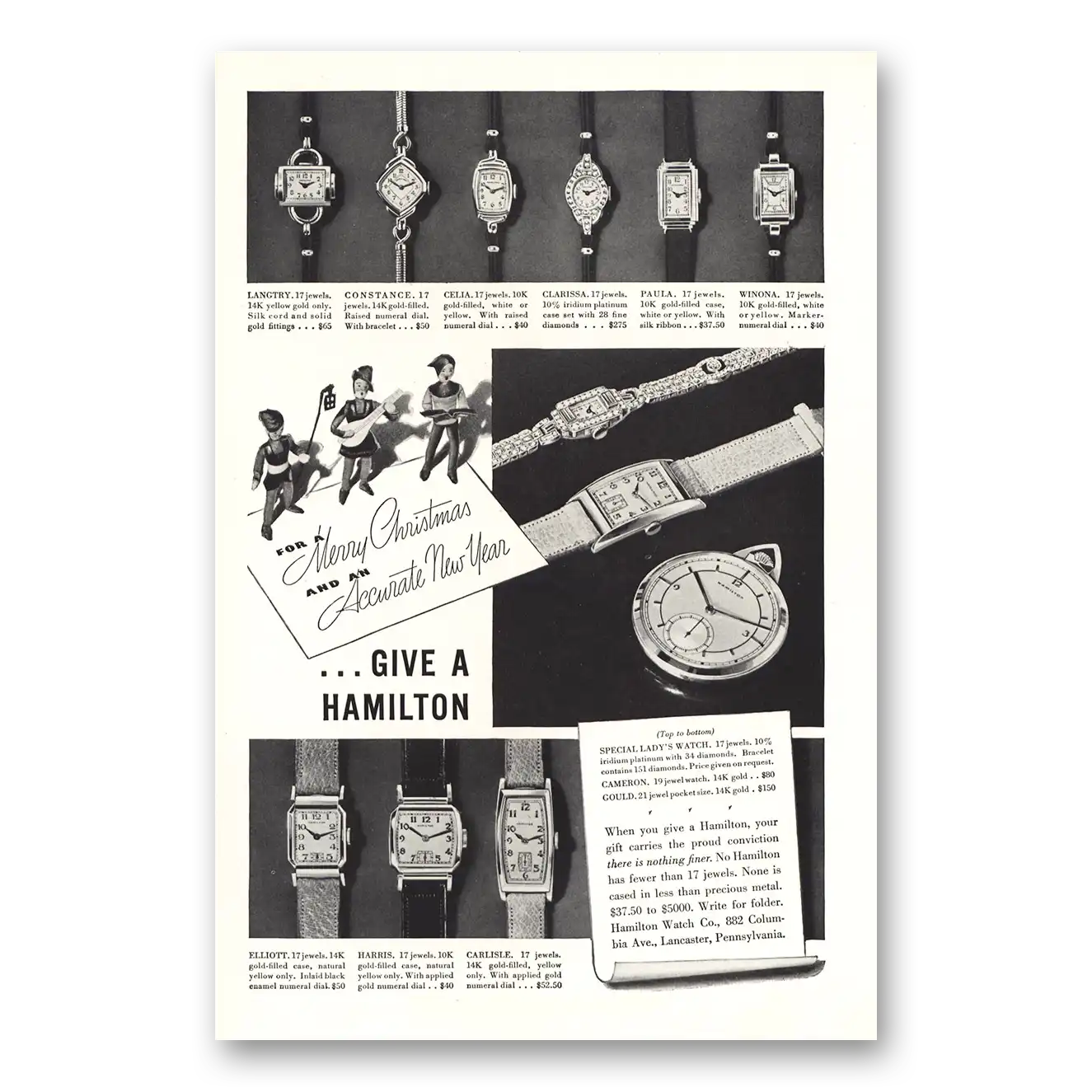 1937 Hamilton Watch Merry Christmas Accurate New Year Vintage Magazine Print Ad