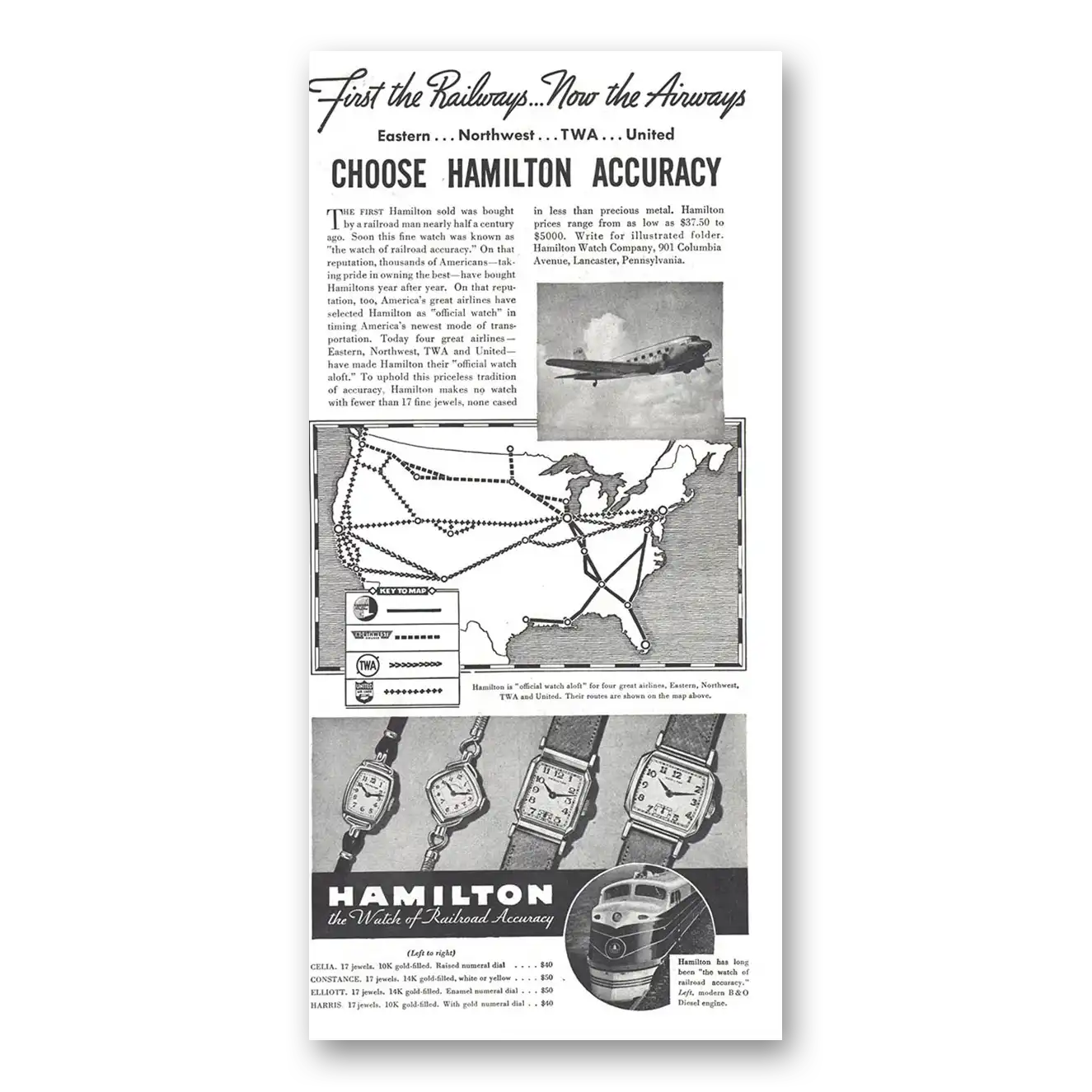 1937 Hamilton Watch First the Railways Now the Airways Vintage Magazine Print Ad