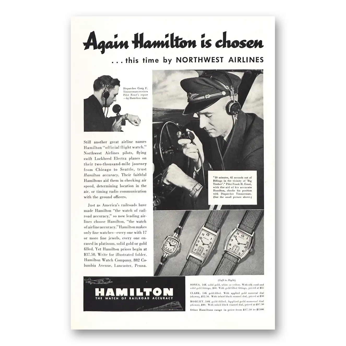 1937 Hamilton Watch Northwest Airlines Vintage Magazine Print Ad