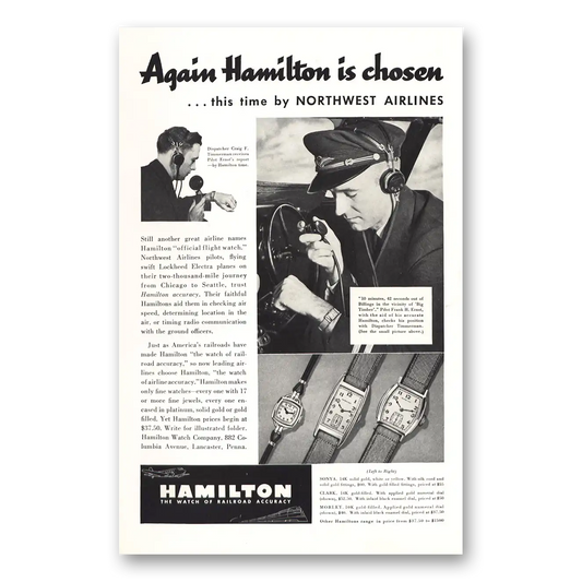 1937 Hamilton Watch Northwest Airlines Vintage Magazine Print Ad