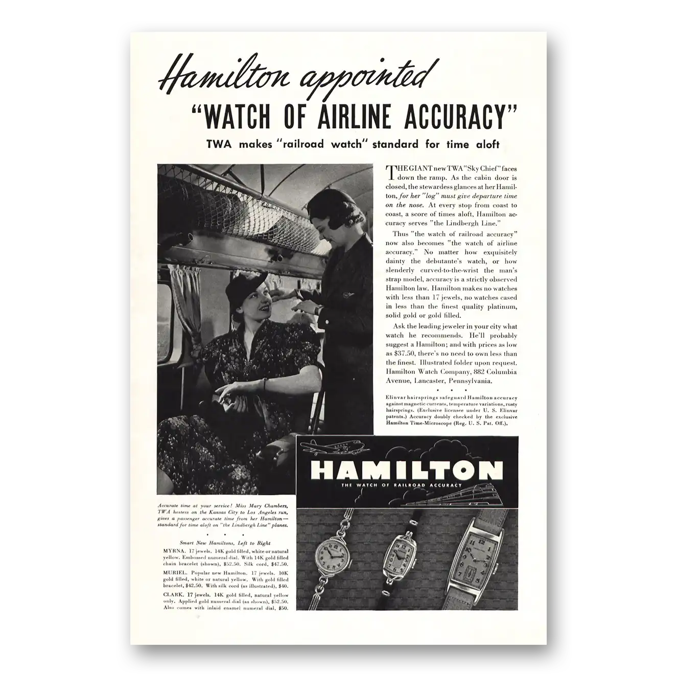 1937 Hamilton Watch TWA Watch of Airline Accuracy Vintage Magazine Print Ad