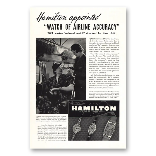 1937 Hamilton Watch TWA Watch of Airline Accuracy Vintage Magazine Print Ad