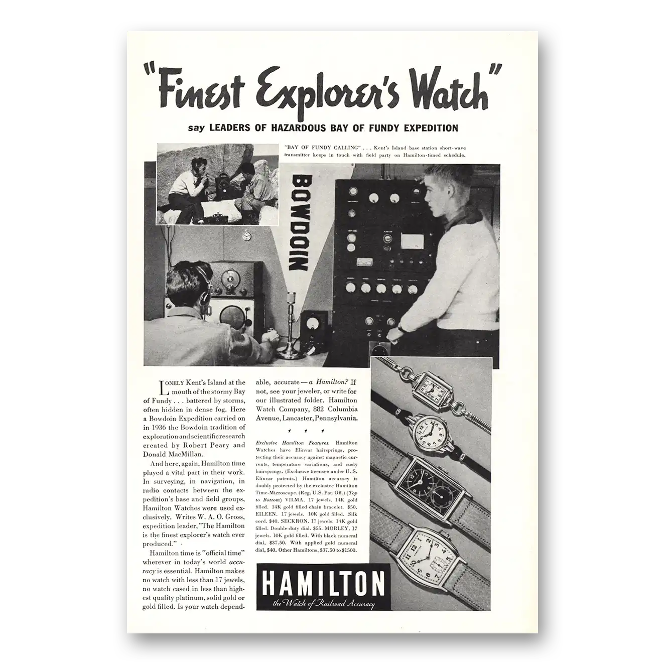 1937 Hamilton Watch Finest Explorers Watch Fundy Expedition Vintage Magazine Print Ad