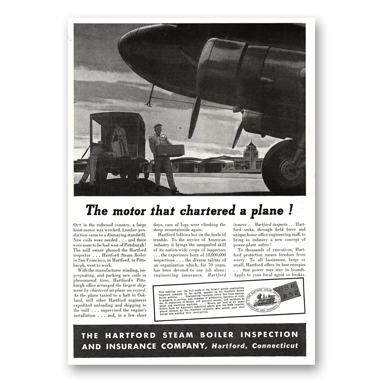 1937 Hartford Steam Boiler Inspection Chartered a Plane Vintage Magazine Print Ad