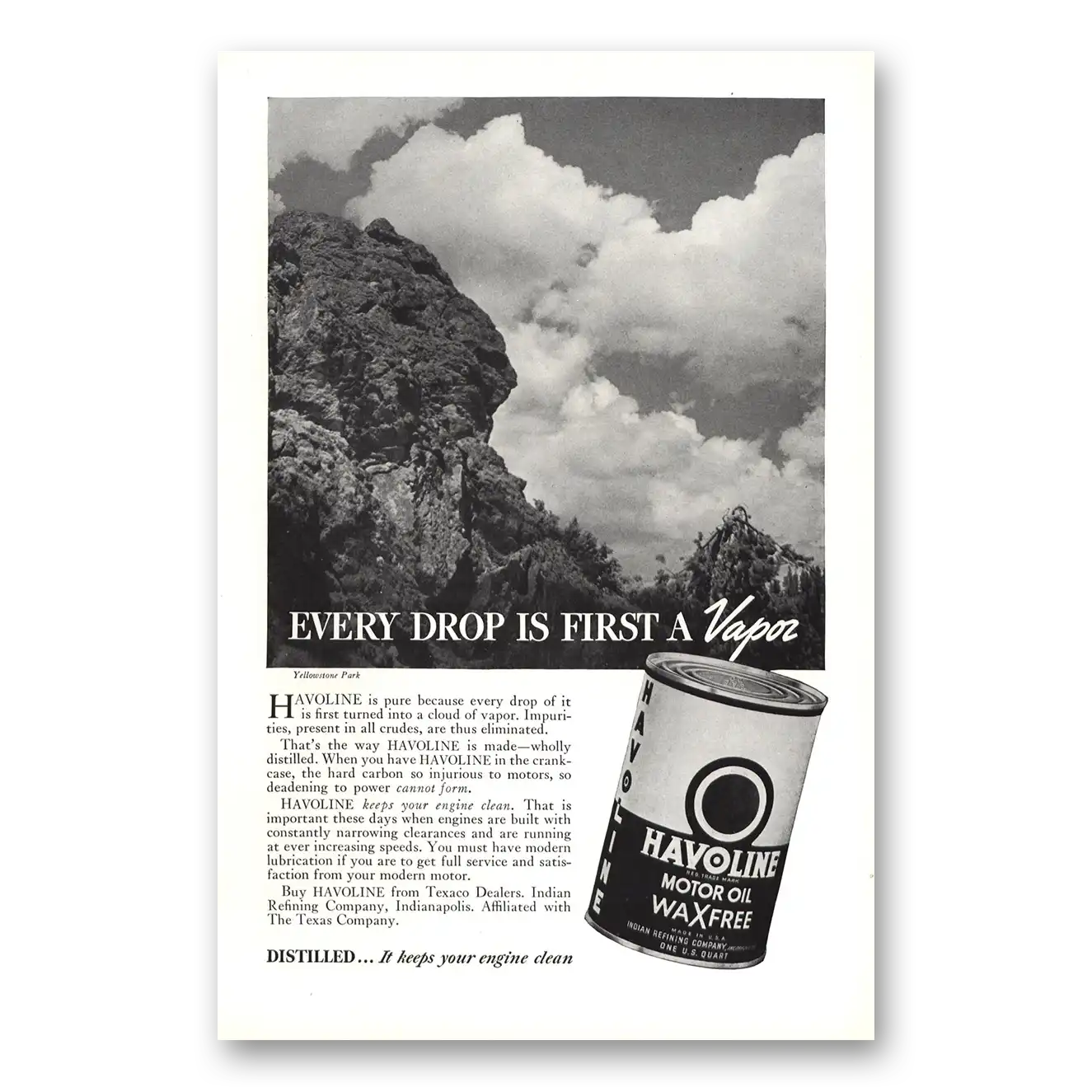 1937 Havoline Motor Oil Every Drop Is First a Vapor Vintage Magazine Print Ad