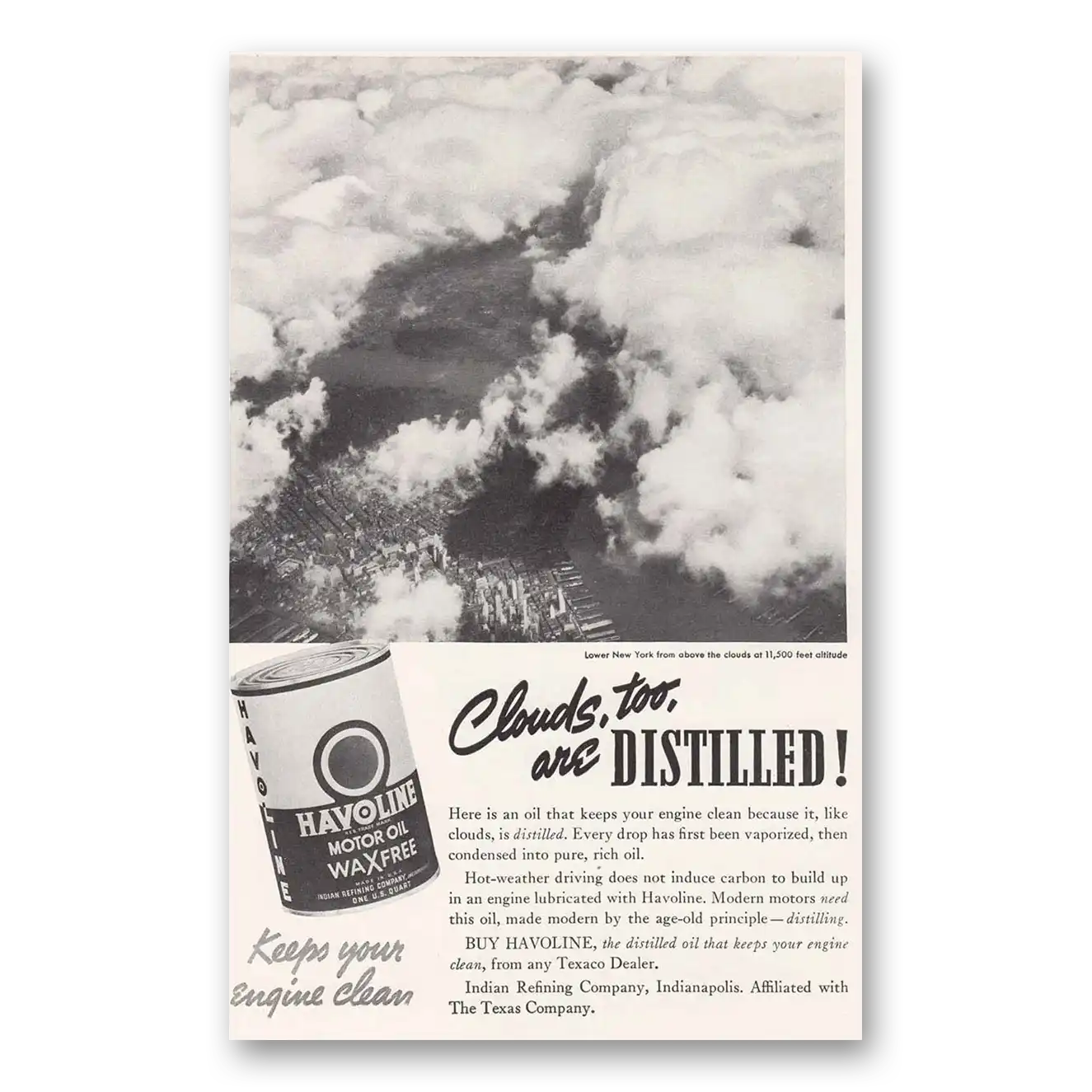 1937 Havoline Motor Oil Clouds Too Are Distilled Vintage Magazine Print Ad