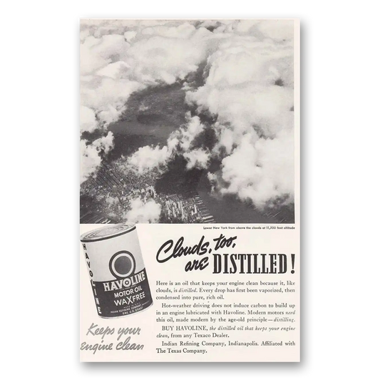 1937 Havoline Motor Oil Clouds Too Are Distilled Vintage Magazine Print Ad