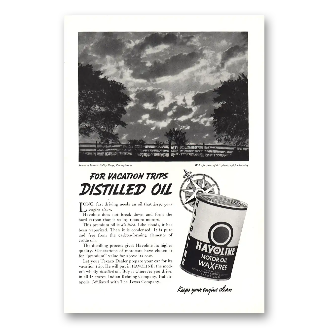 1937 Havoline Motor Oil Valley Forge Pennsylvania Vintage Magazine Print Ad