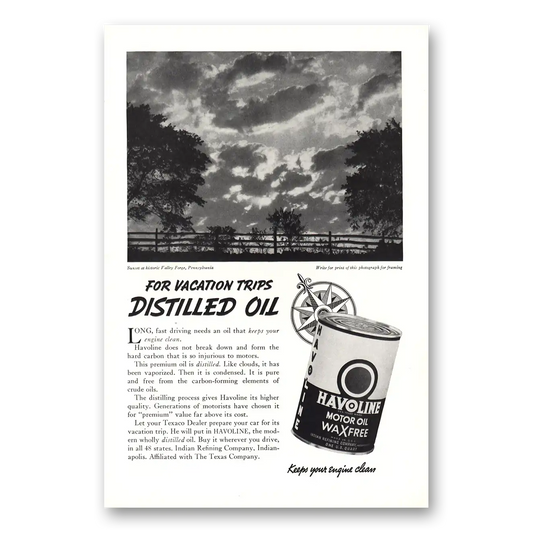 1937 Havoline Motor Oil Valley Forge Pennsylvania Vintage Magazine Print Ad