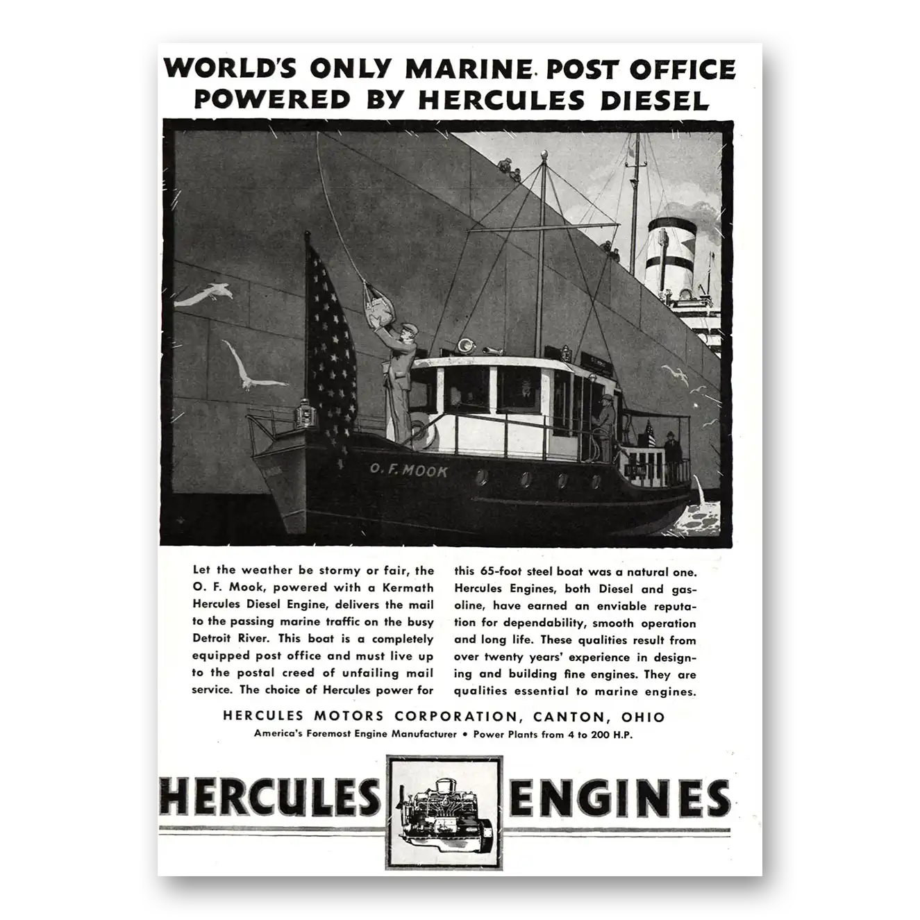 1937 Hercules Engines Marine Post Office Vintage Magazine Print Ad