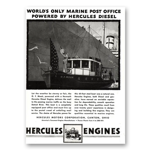 1937 Hercules Engines Marine Post Office Vintage Magazine Print Ad